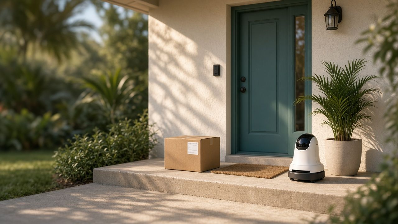 A Florida front porch with a teal door, a cardboard parcel on the step and a small white wheeled robot beside a potted palm. Computer-generated illustration; the robot is not a real product.