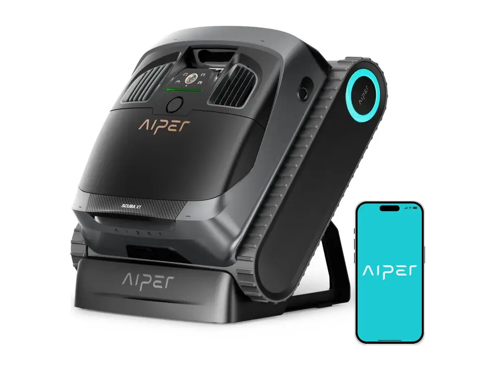 Aiper Scuba X1 cordless robotic pool cleaner on its charging stand, with the Aiper app on a phone (Aiper company image)