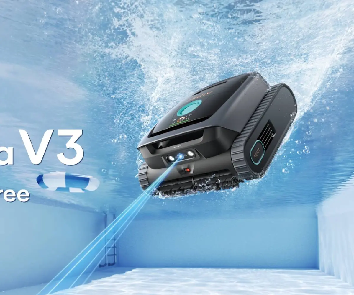 Aiper Scuba V3 cordless robotic pool cleaner climbing a pool wall underwater