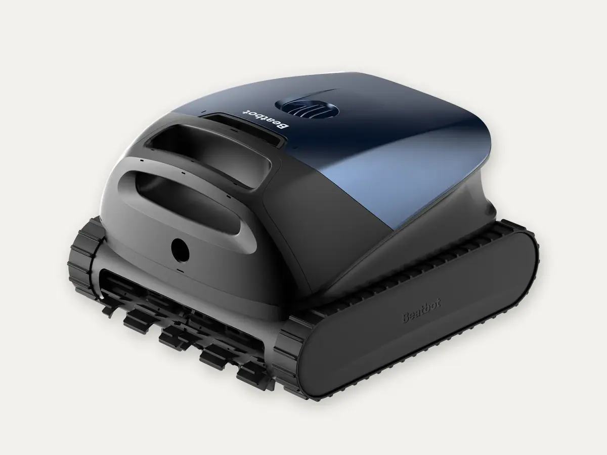 Beatbot Sora 10 cordless robotic pool cleaner in navy and black, studio three-quarter view