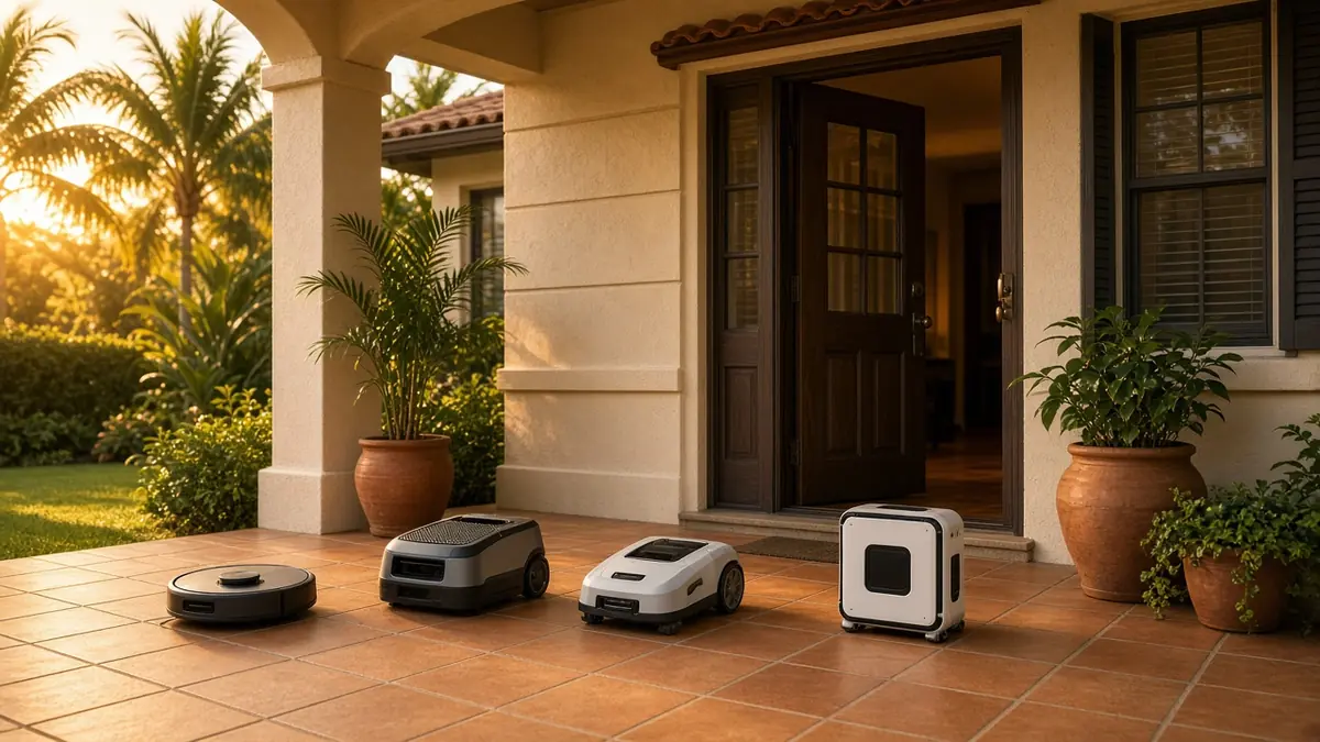 A Florida front porch at golden hour with a lineup of home robots: a robot vacuum, a pool robot, a robot mower and a window robot