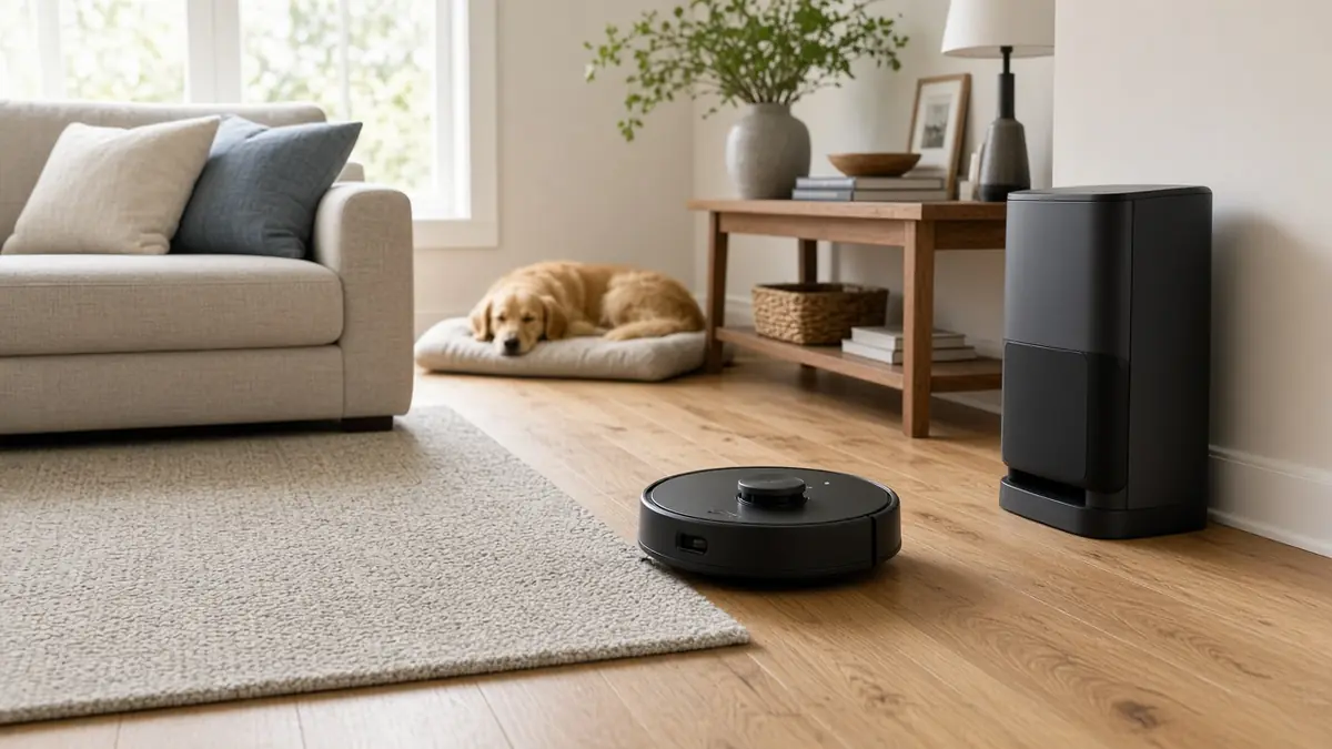A robot vacuum cleaning a hardwood living room floor next to its dock while a golden retriever sleeps