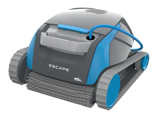 Dolphin Escape robotic pool cleaner in grey and blue, studio three-quarter view