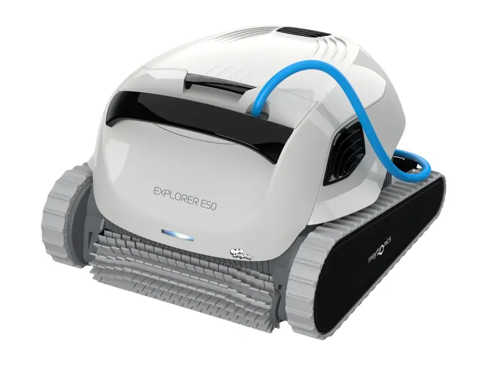 Maytronics Dolphin Explorer E50 robotic pool cleaner, studio shot on white (Maytronics company image)