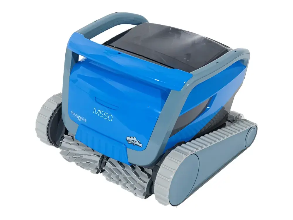 Dolphin M550 corded robotic pool cleaner in blue with its carry handle, studio three-quarter view