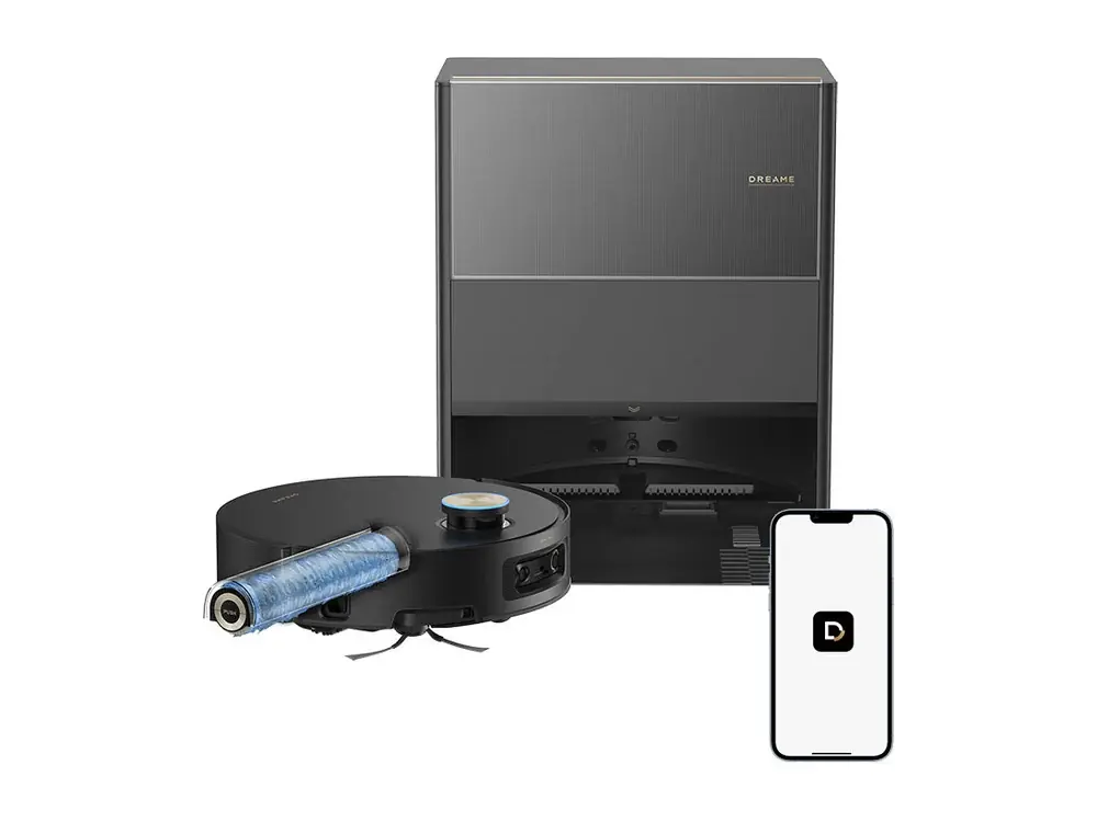 Dreame Aqua10 Ultra Roller robot vacuum and mop beside its base station, with the Dreame app on a phone (Dreame company image)