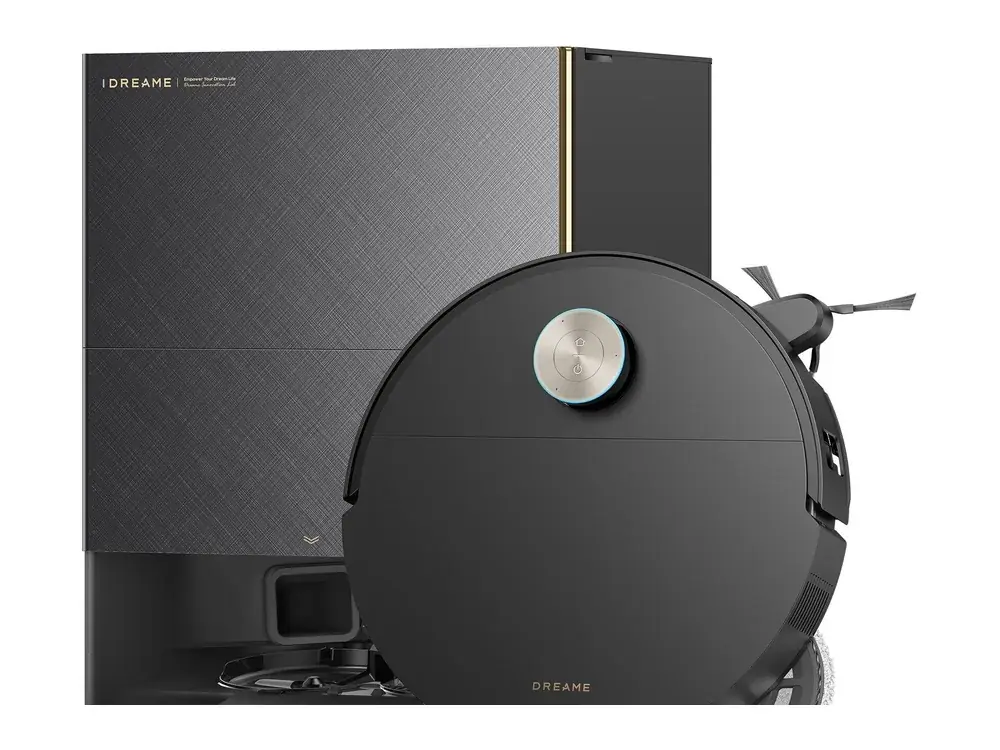 Dreame X60 Max Ultra Complete robot vacuum in black in front of its base station, studio shot (Dreame company image)