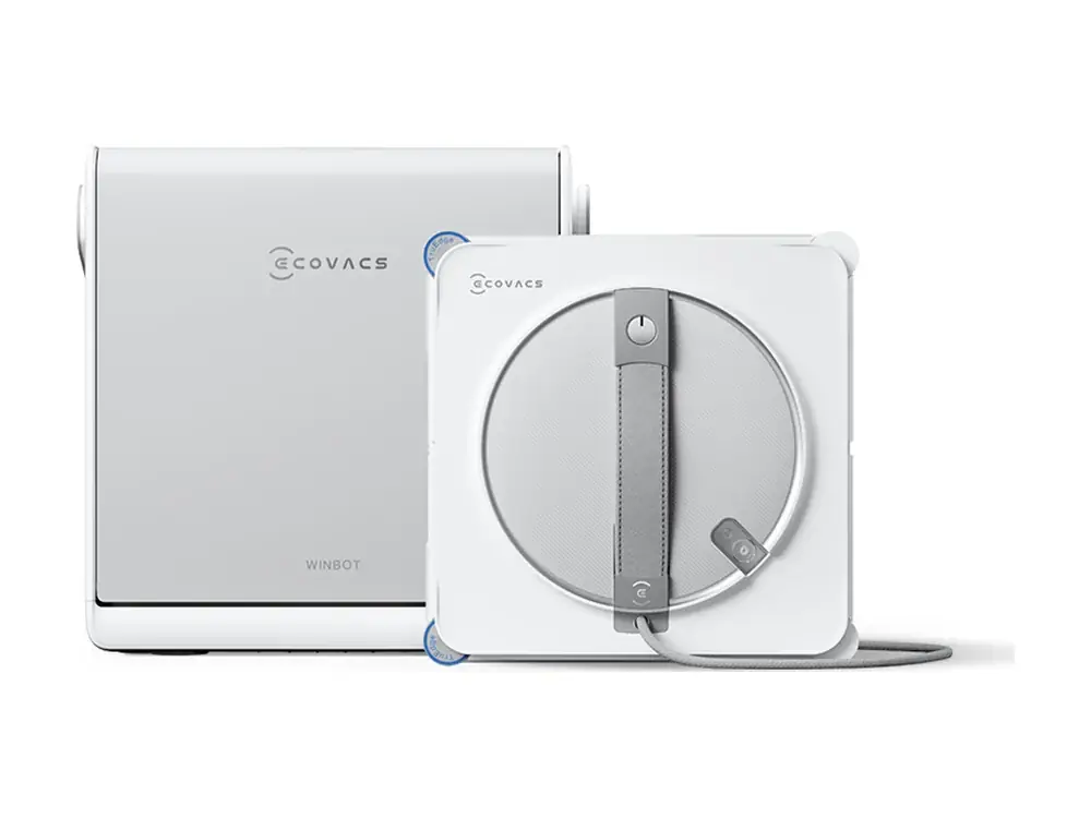 Ecovacs Winbot W2S Omni window-cleaning robot beside its battery station (Ecovacs company image)