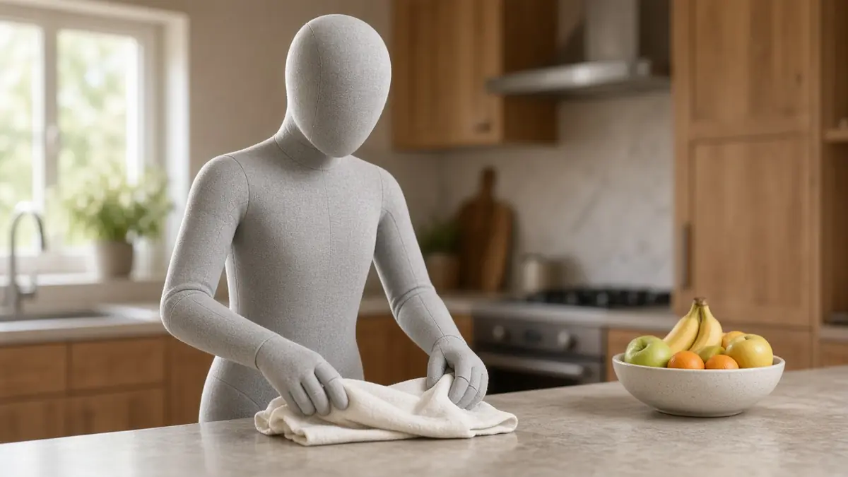 A soft gray humanoid home robot folding a dish towel at a kitchen counter