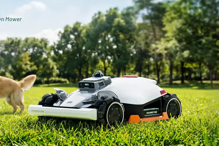 Mammotion LUBA 3 AWD robot lawn mower on a green lawn as a child plays with a dog