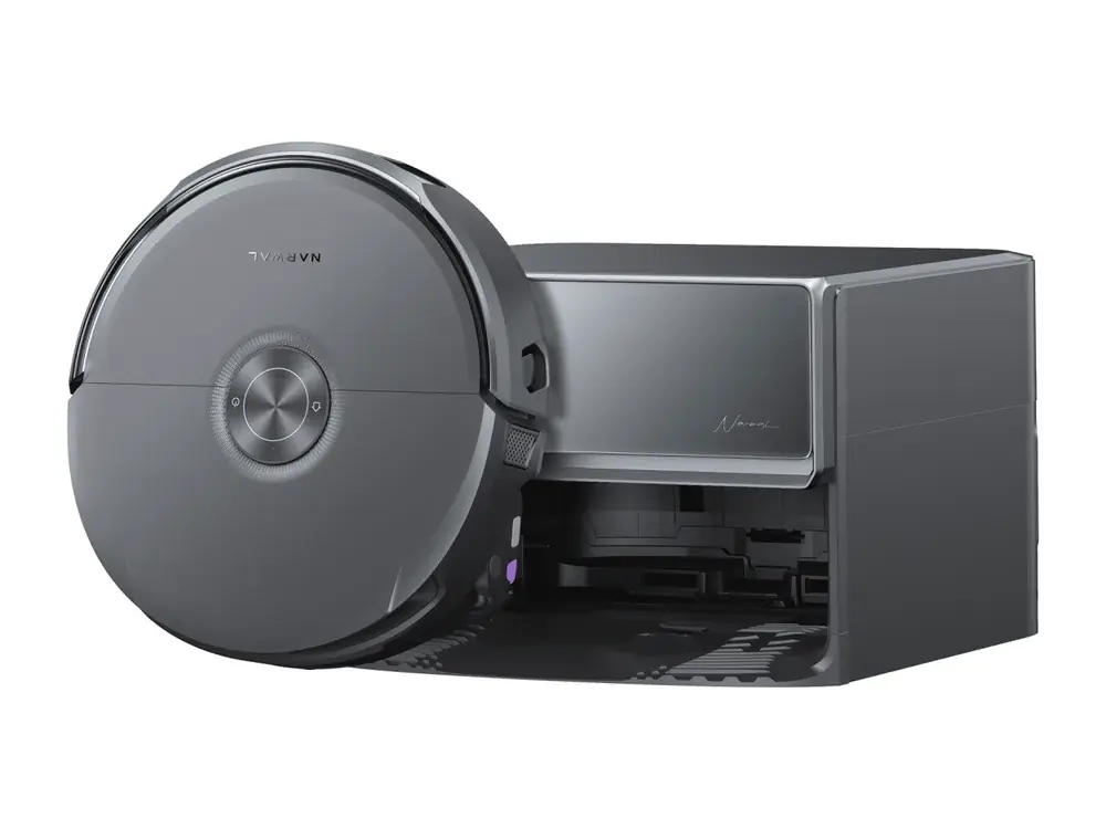 Narwal Flow 2 robot vacuum and mop half-docked in its base station, studio shot (Narwal company image)