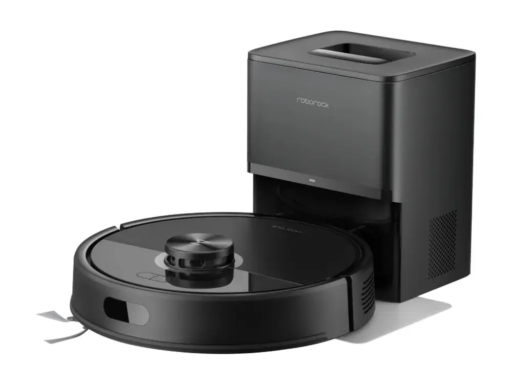 Roborock Q7 M5+ robot vacuum in black beside its auto-empty dock, studio shot (Roborock company image)