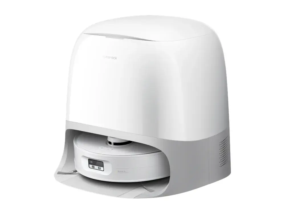 Roborock Qrevo Curv 2 Flow robot vacuum and mop in its white dock, studio shot (Roborock company image)