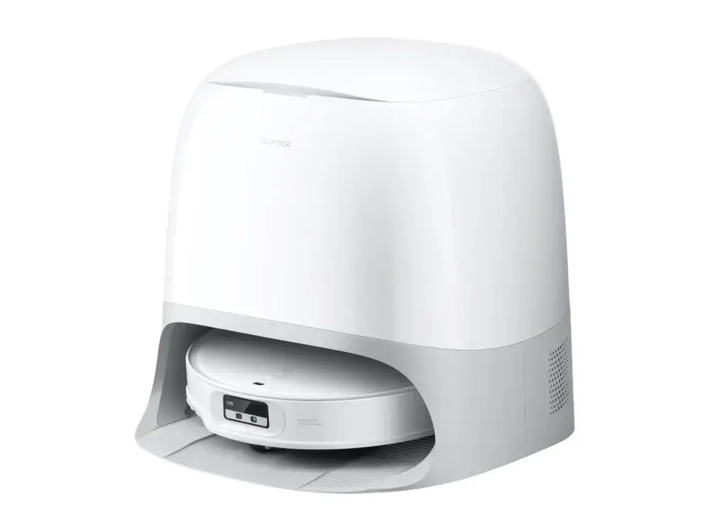 Roborock Qrevo CurvX robot vacuum in its white curved dock, studio shot (Roborock company image)