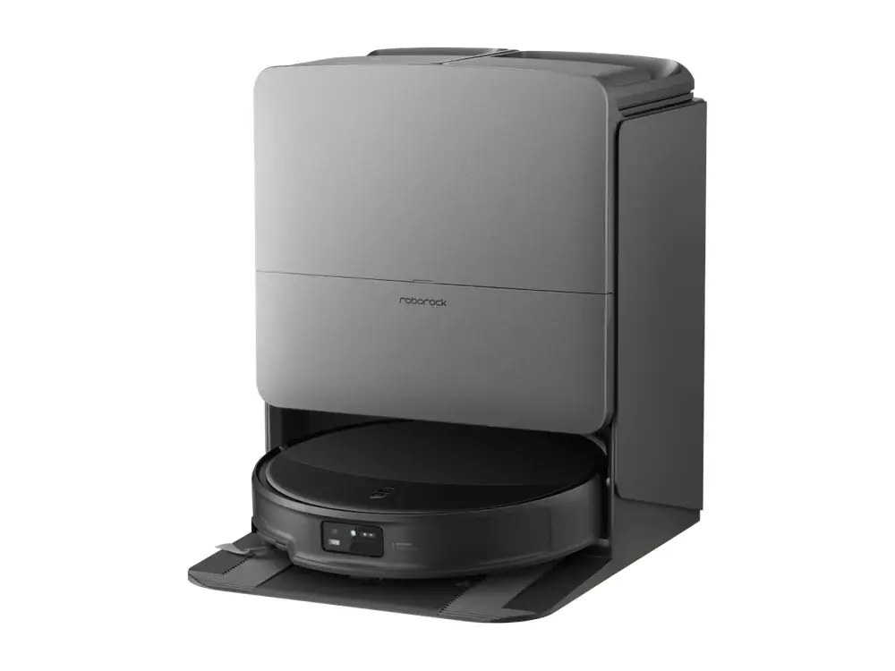 Roborock Saros 20 robot vacuum parked in its RockDock base station, studio shot (Roborock company image)