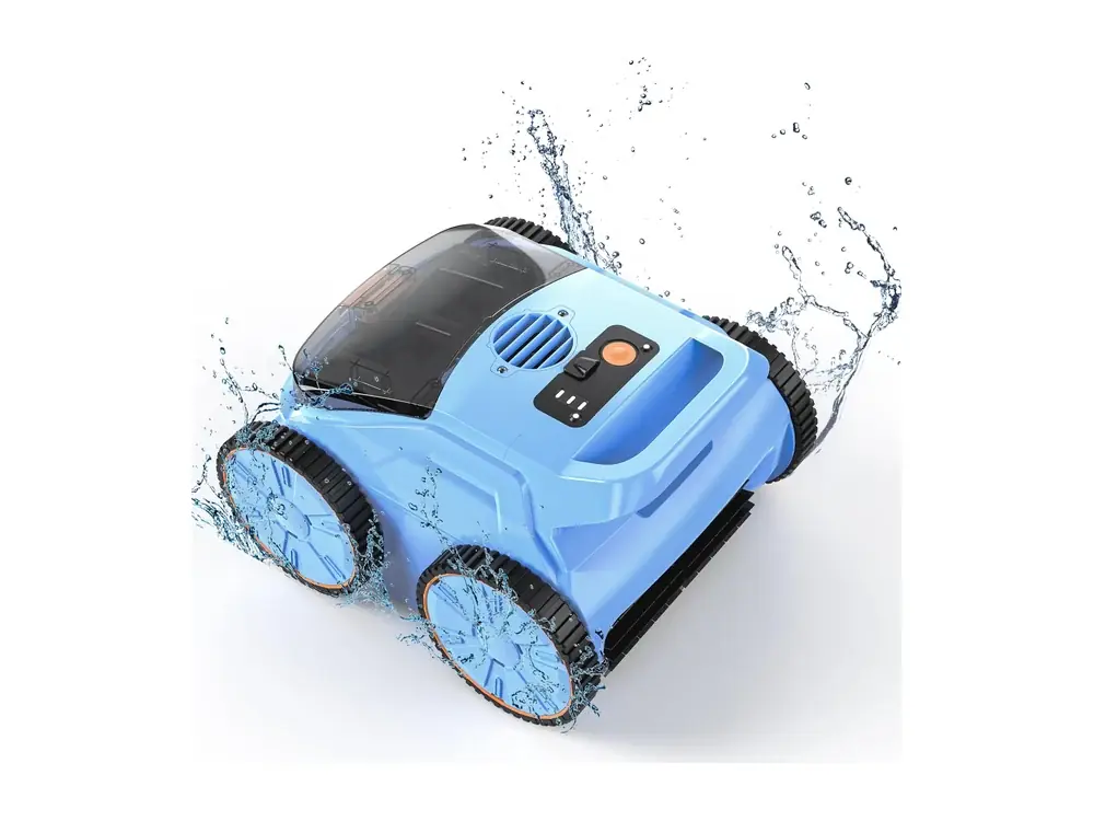 Seauto SAT20 cordless robotic pool vacuum with a water splash, studio shot (Seauto company image)