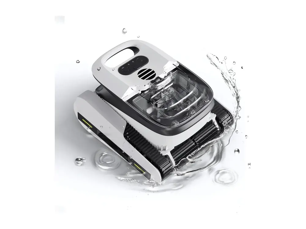 Seauto Seal cordless robotic pool vacuum with a water splash, studio shot (Seauto company image)