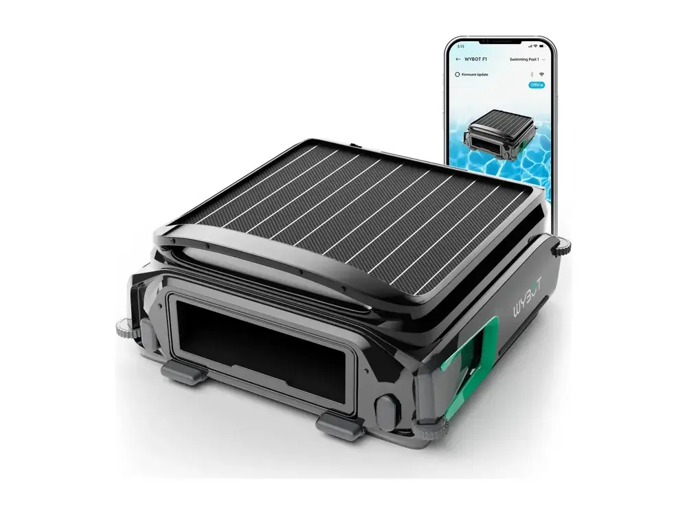 WYBOT F1 solar pool skimmer with its phone app, studio shot (WYBOT company image)