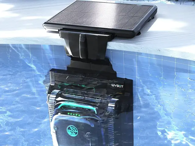 WYBOT S2 Solar robot docked under its solar panel at the edge of a pool