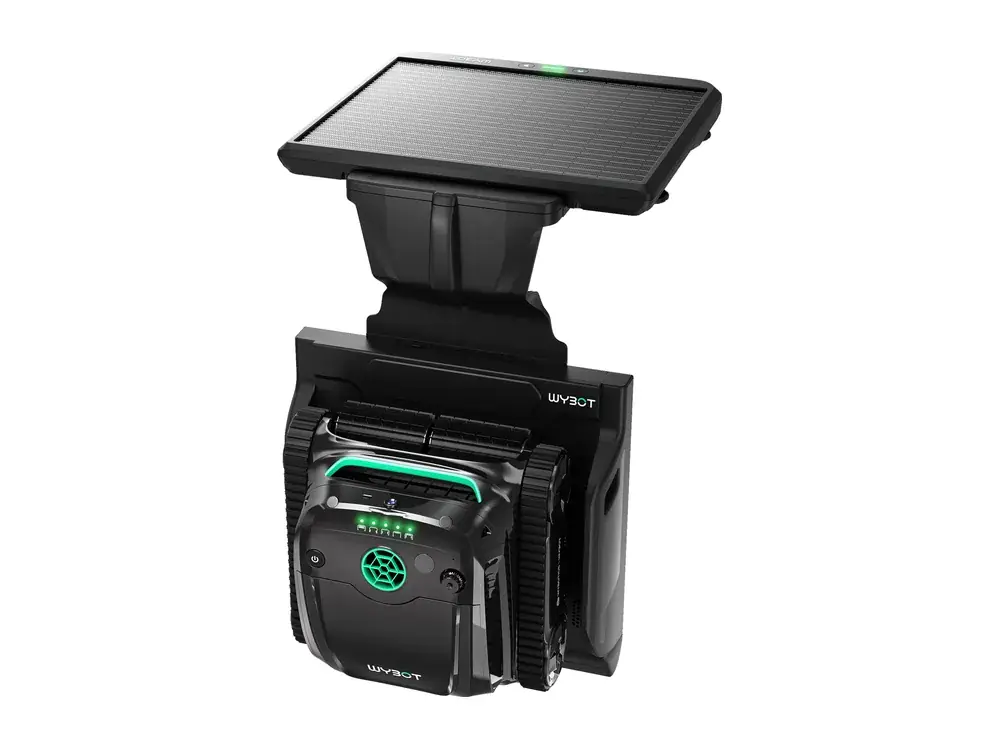 WYBOT S2 Solar Vision robot held in its solar dock under the poolside panel, studio shot (WYBOT company image)