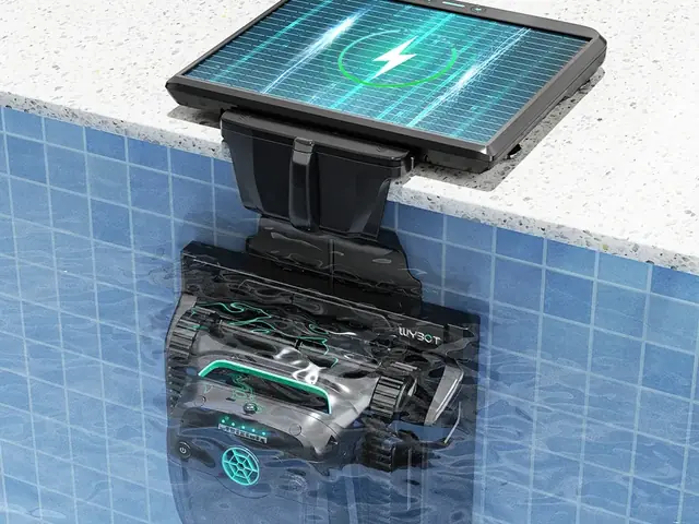 WYBOT S2 Solar Vision docked underwater at the pool wall with its solar panel on the coping